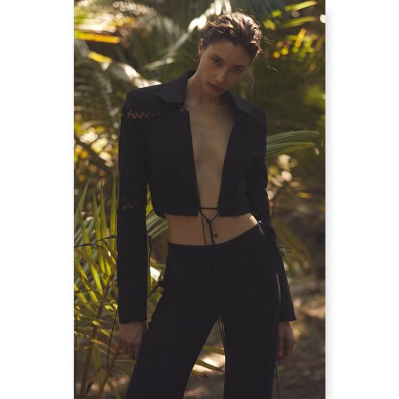 Aya Muse Sycamore Lattice Lace Up Crop Jacket Black Size M - Picture 3 of 10